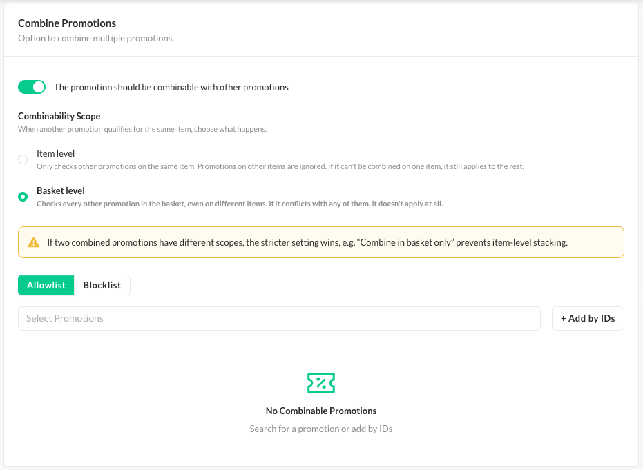 Promotion combinability item or basket scope